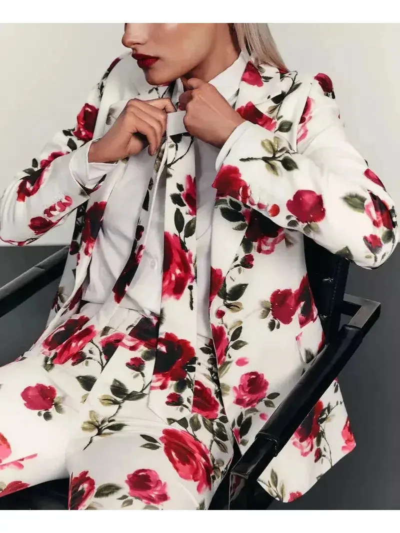 3-Piece Watercolor Rose Print Blazer, Bra Top and Pant Suit / Set