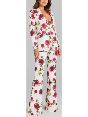3-Piece Watercolor Rose Print Blazer, Bra Top and Pant Suit / Set