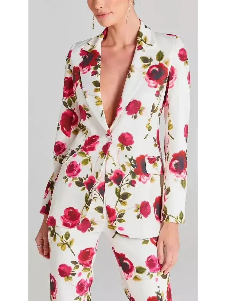 3-Piece Watercolor Rose Print Blazer, Bra Top and Pant Suit / Set