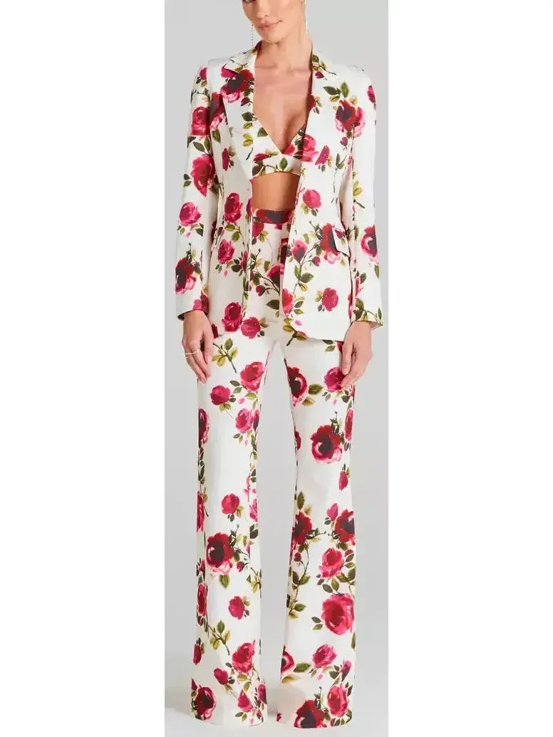 3-Piece Watercolor Rose Print Blazer, Bra Top and Pant Suit / Set