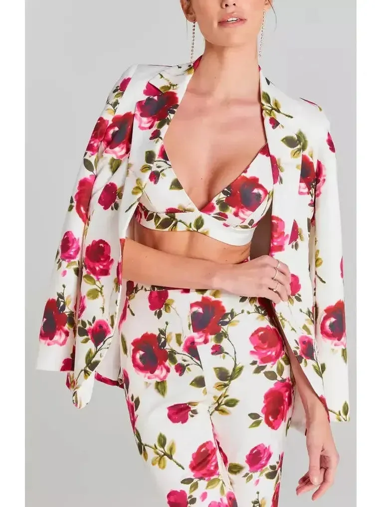 3-Piece Watercolor Rose Print Blazer, Bra Top and Pant Suit / Set