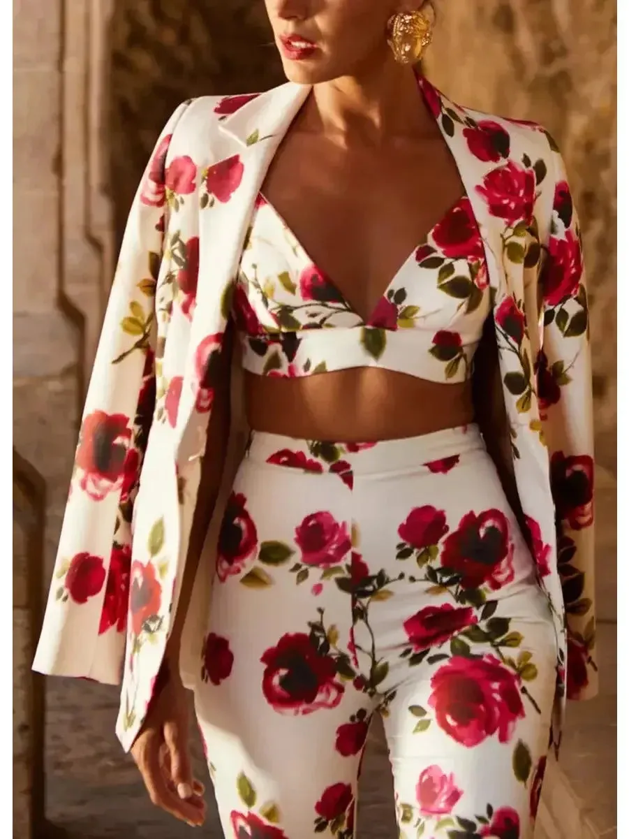 3-Piece Watercolor Rose Print Blazer, Bra Top and Pant Suit / Set