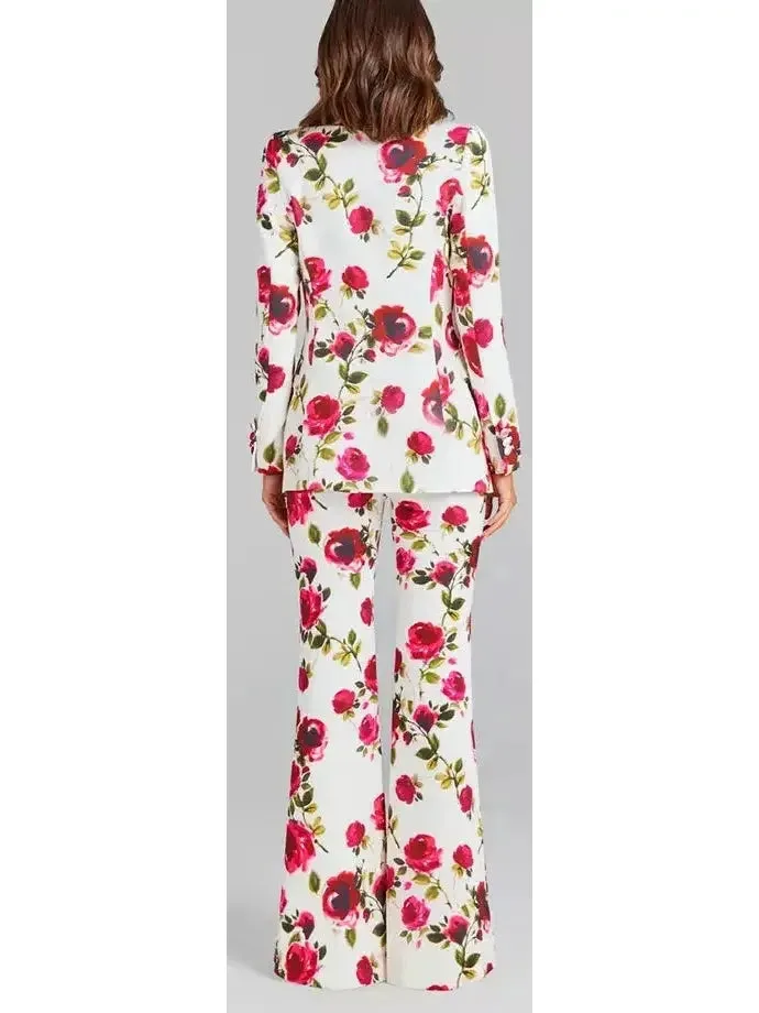 3-Piece Watercolor Rose Print Blazer, Bra Top and Pant Suit / Set
