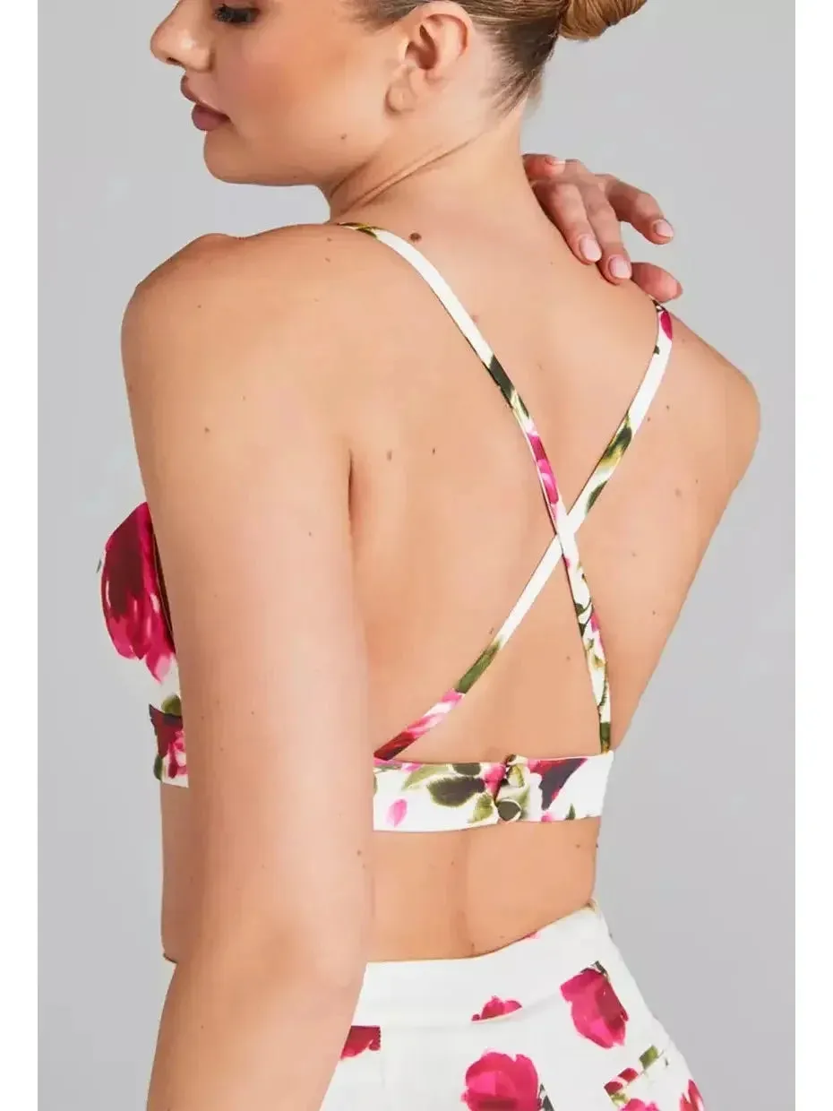 3-Piece Watercolor Rose Print Blazer, Bra Top and Pant Suit / Set