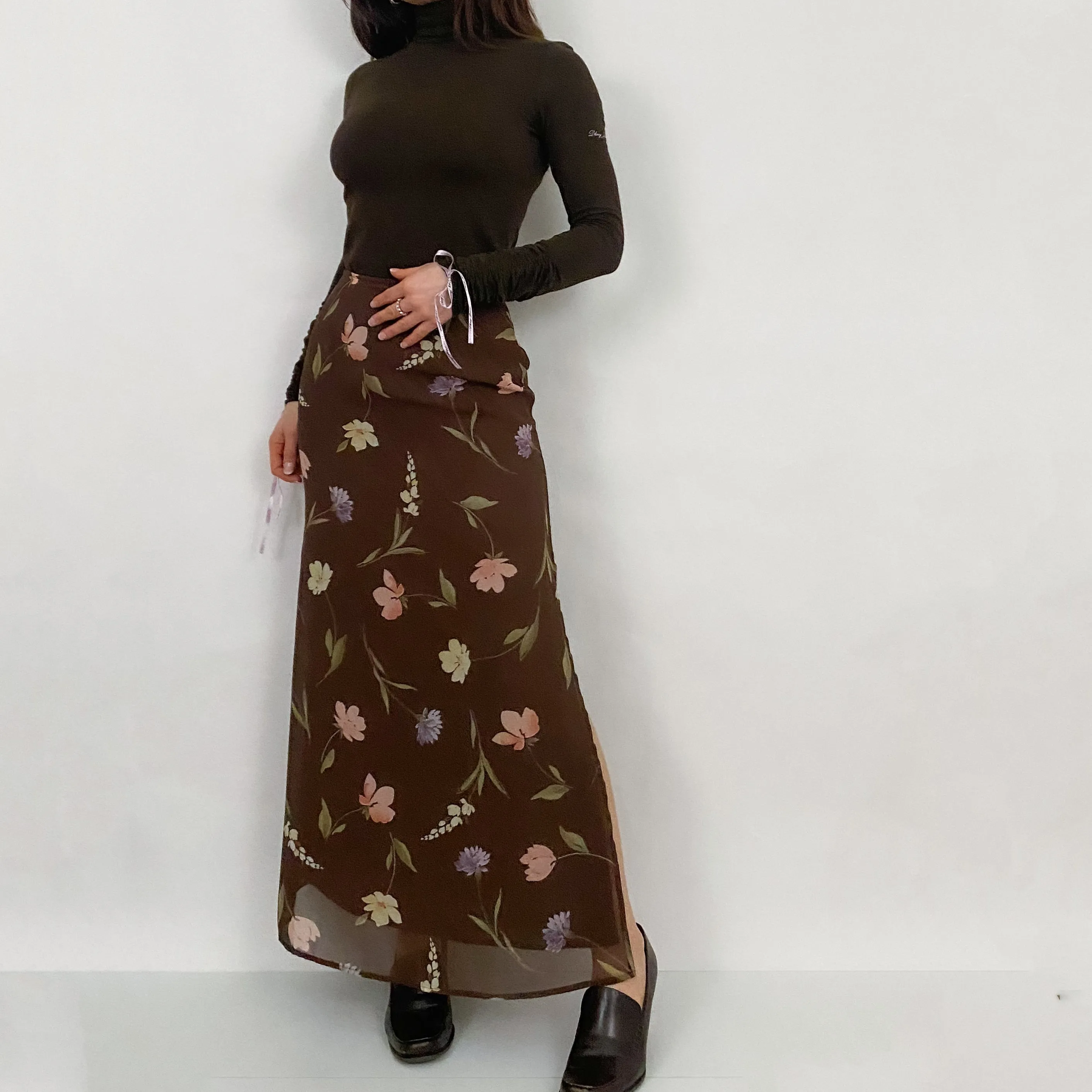 90's Brown Floral Maxi Skirt
