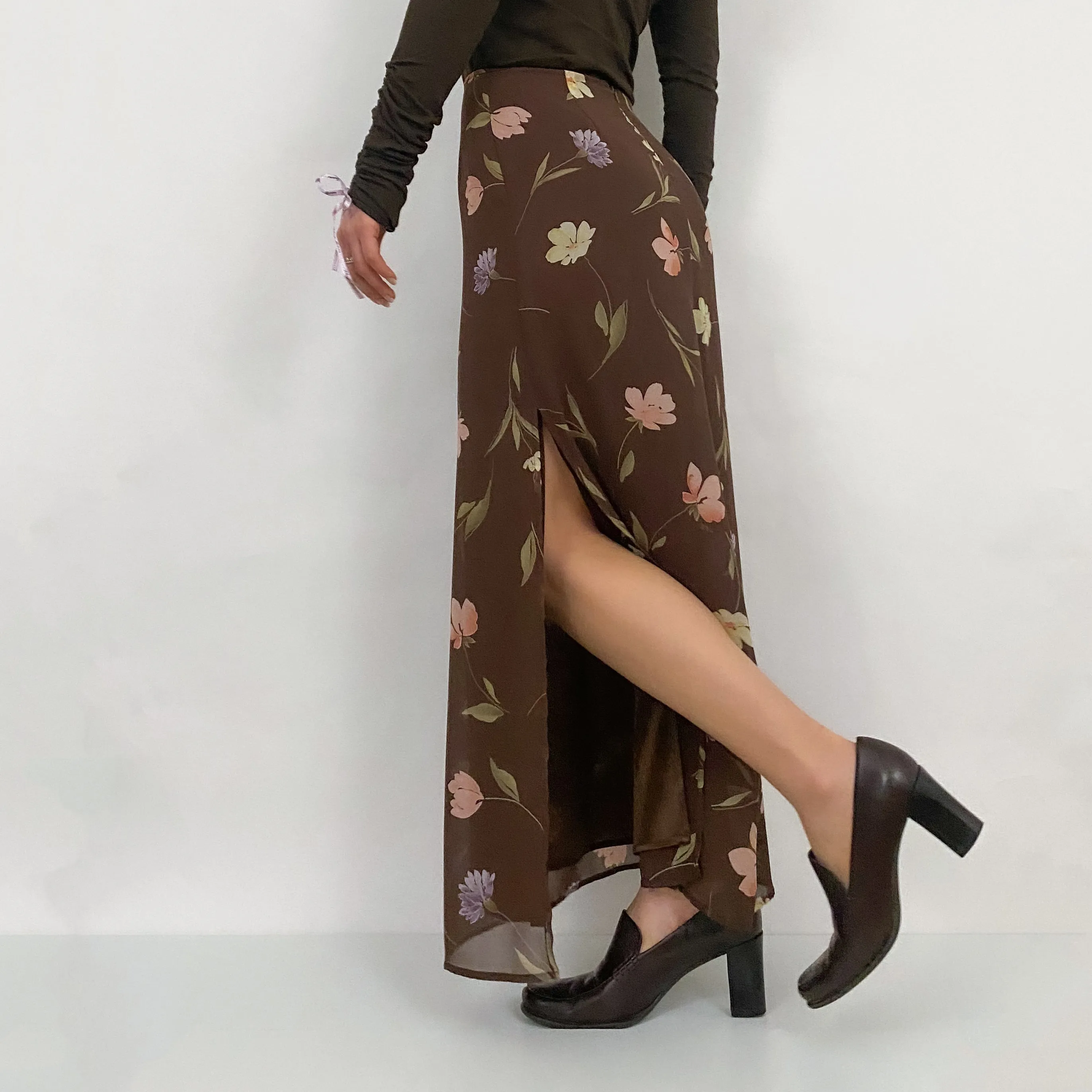 90's Brown Floral Maxi Skirt