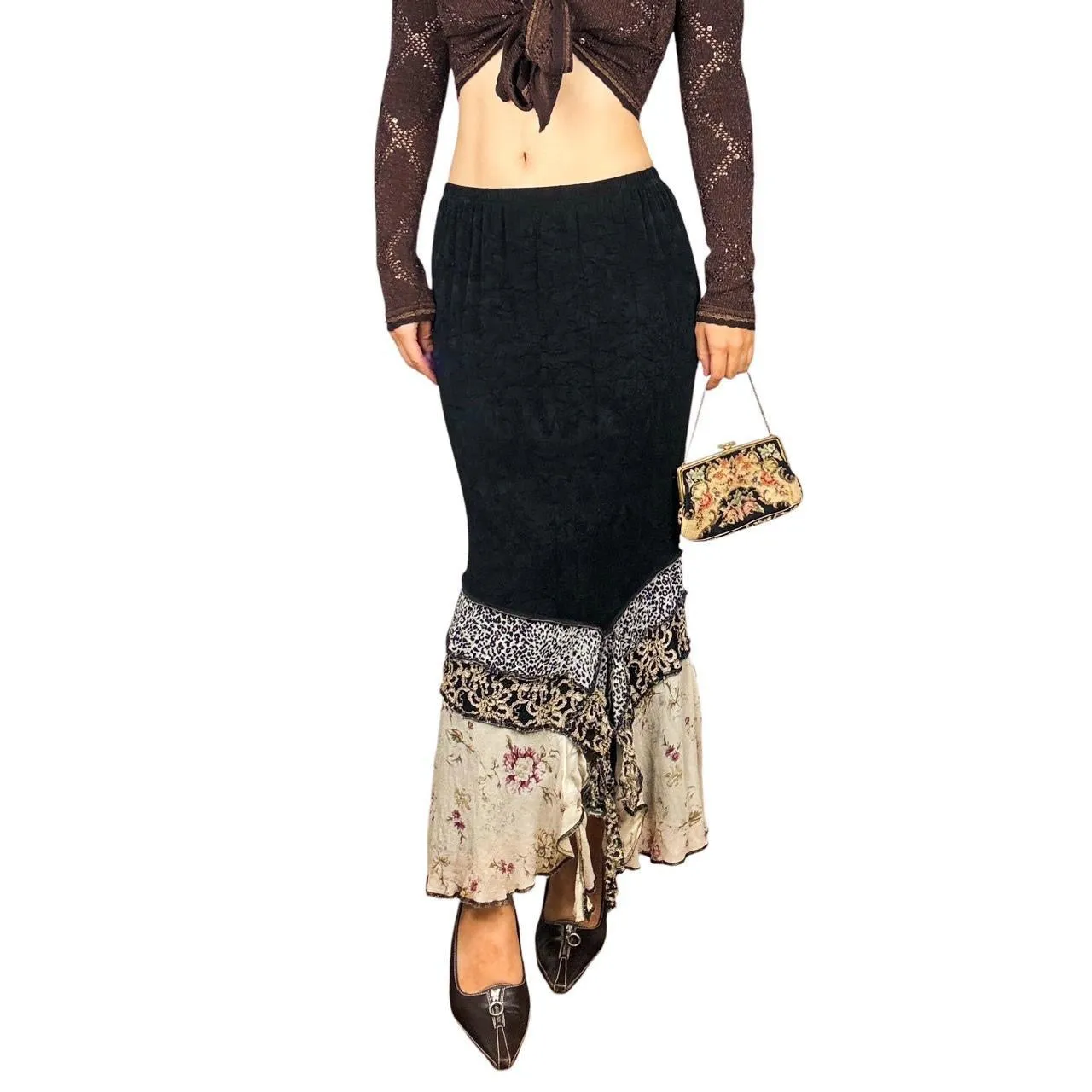 90s Slinky Ruffle Hem Patchwork Maxi Skirt (M)