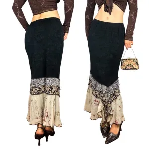 90s Slinky Ruffle Hem Patchwork Maxi Skirt (M)