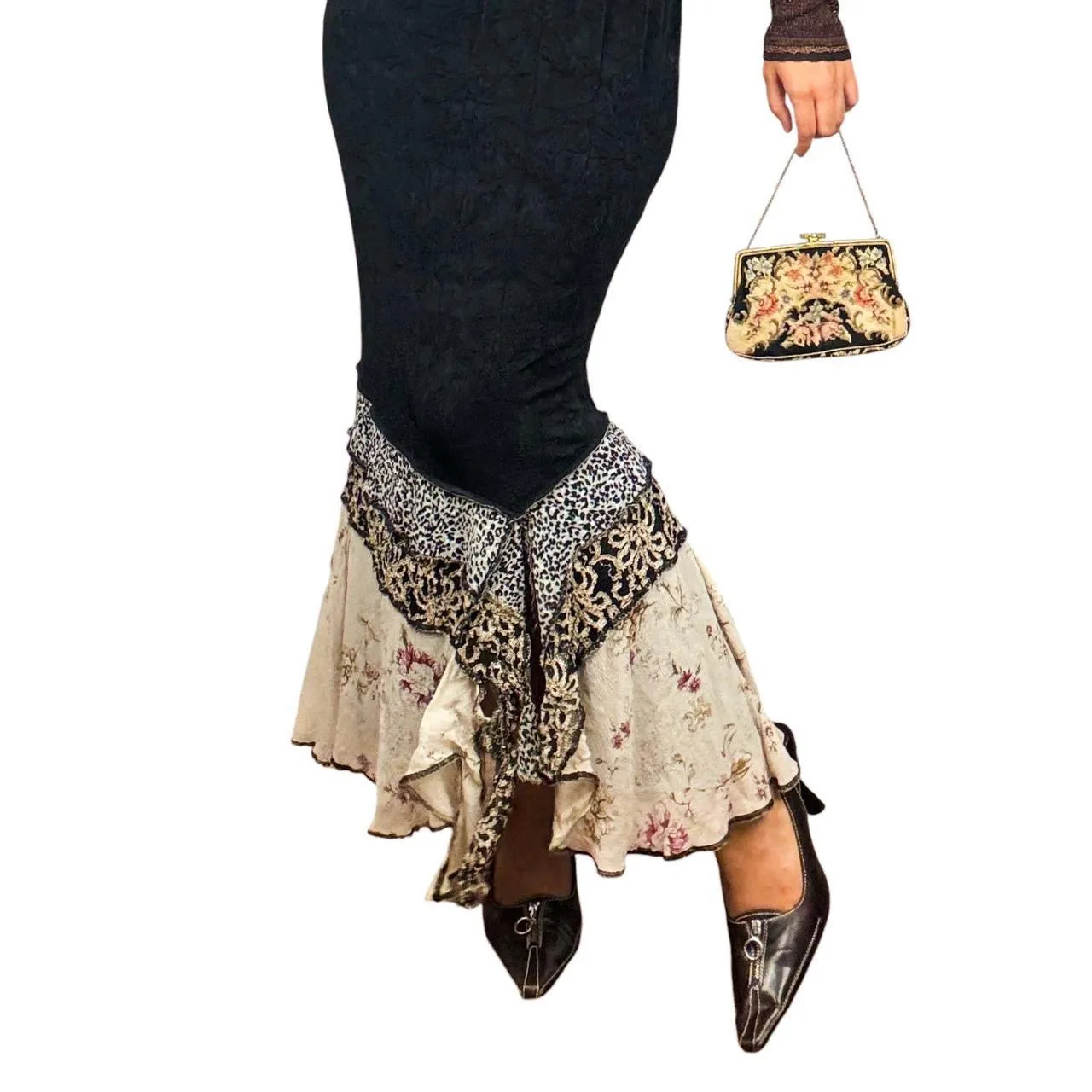 90s Slinky Ruffle Hem Patchwork Maxi Skirt (M)