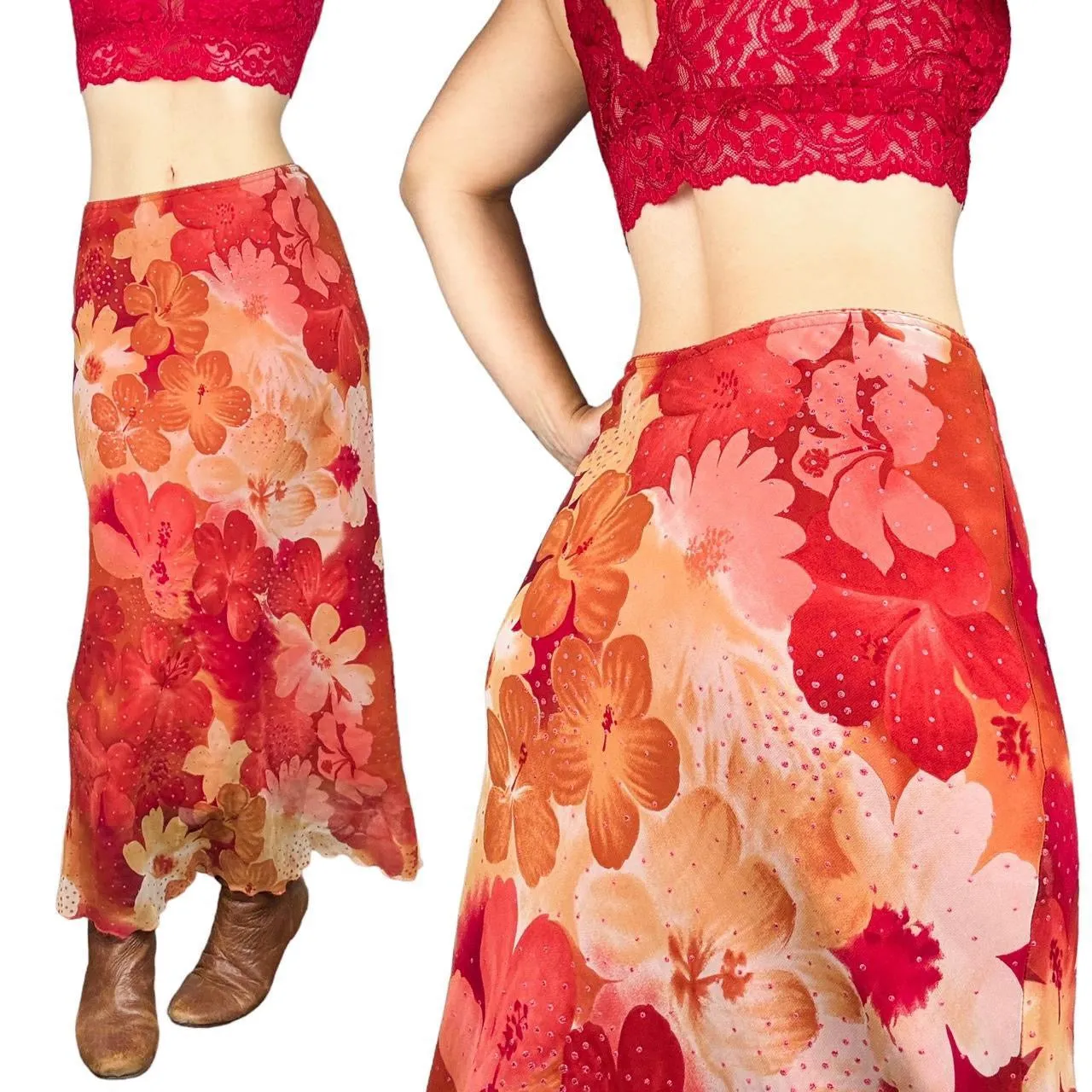 90s Sunset Floral Shimmer Skirt (S)