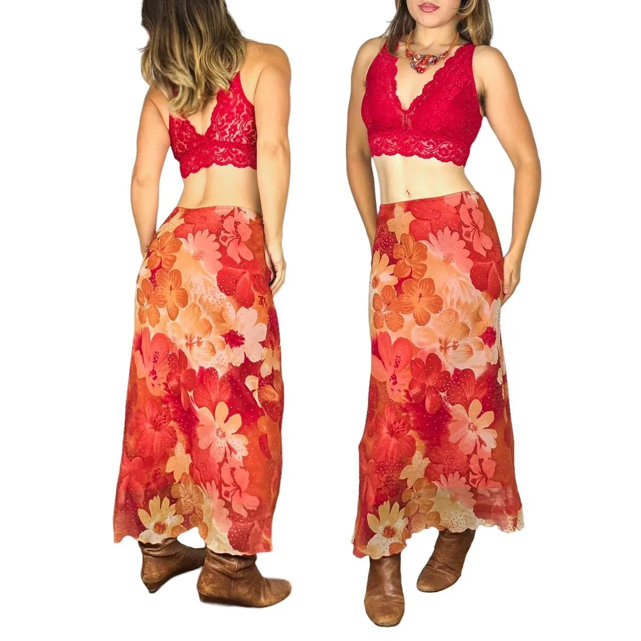 90s Sunset Floral Shimmer Skirt (S)