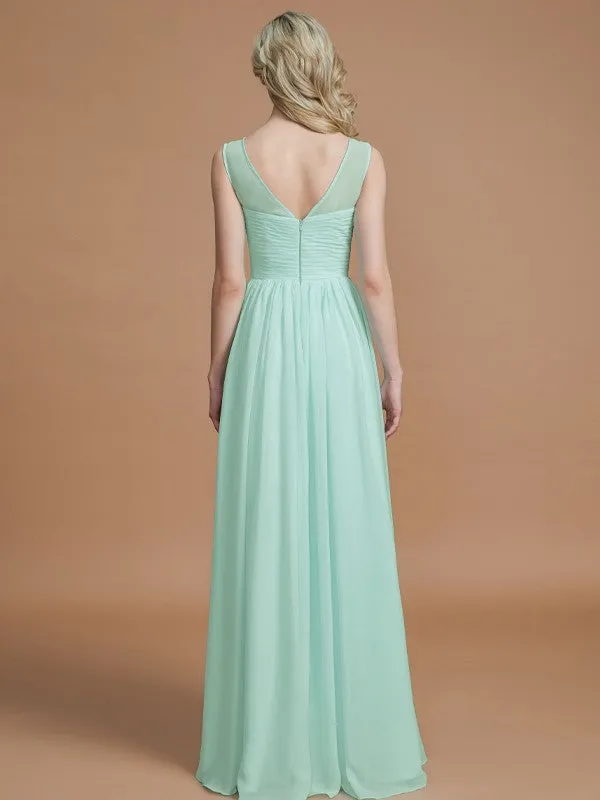 A-Line Scoop Sleeveless Floor-Length Chiffon Bridesmaid Dresses