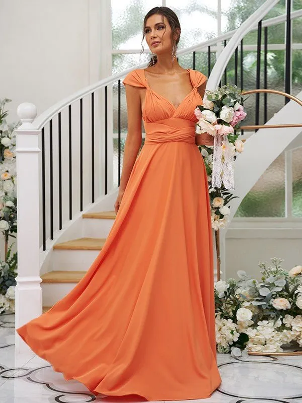 A-Line/Princess Jersey Ruched V-neck Sleeveless Floor-Length Bridesmaid Dresses