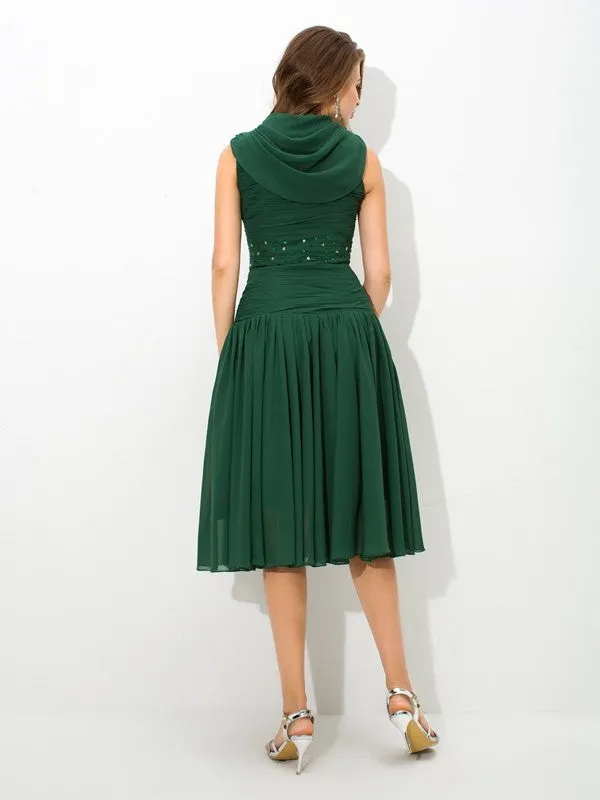 A-Line/Princess Scoop Pleats Sleeveless Short Chiffon Dresses