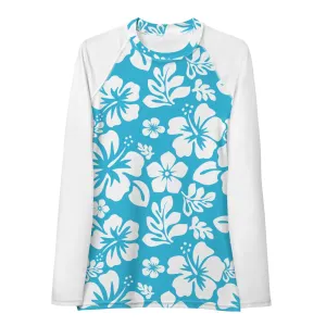 Aqua Blue and White Hawaiian Print Women's Rash Guard with White Sleeves