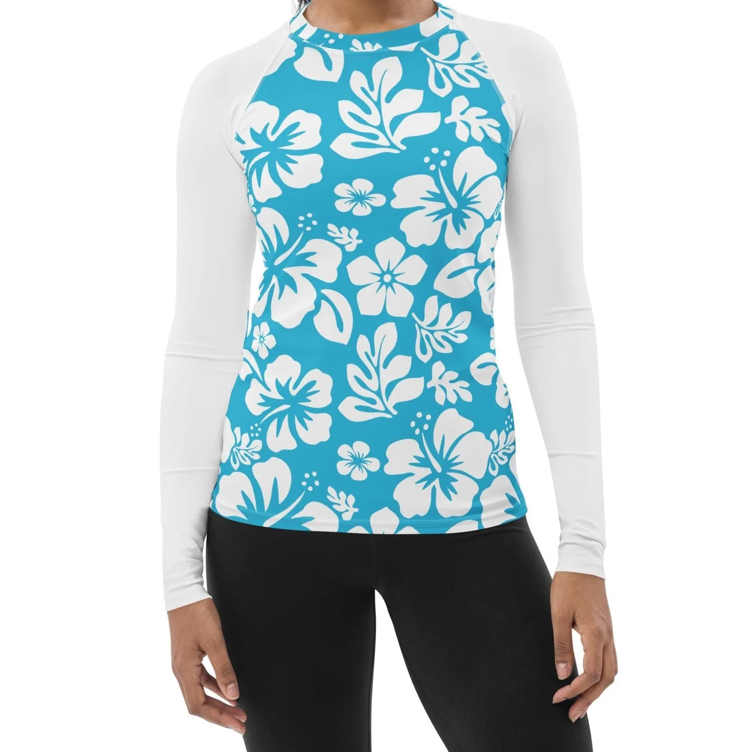 Aqua Blue and White Hawaiian Print Women's Rash Guard with White Sleeves