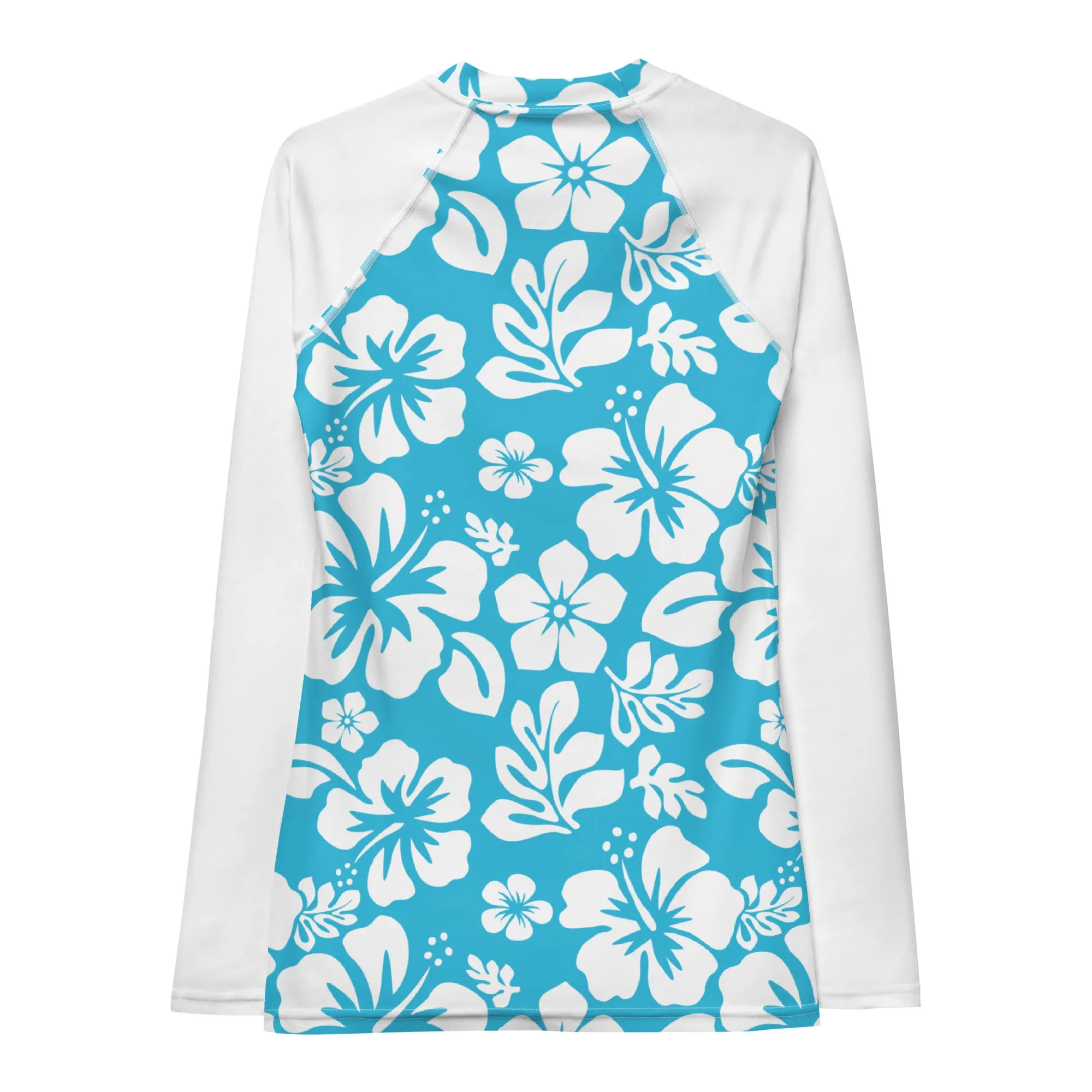 Aqua Blue and White Hawaiian Print Women's Rash Guard with White Sleeves