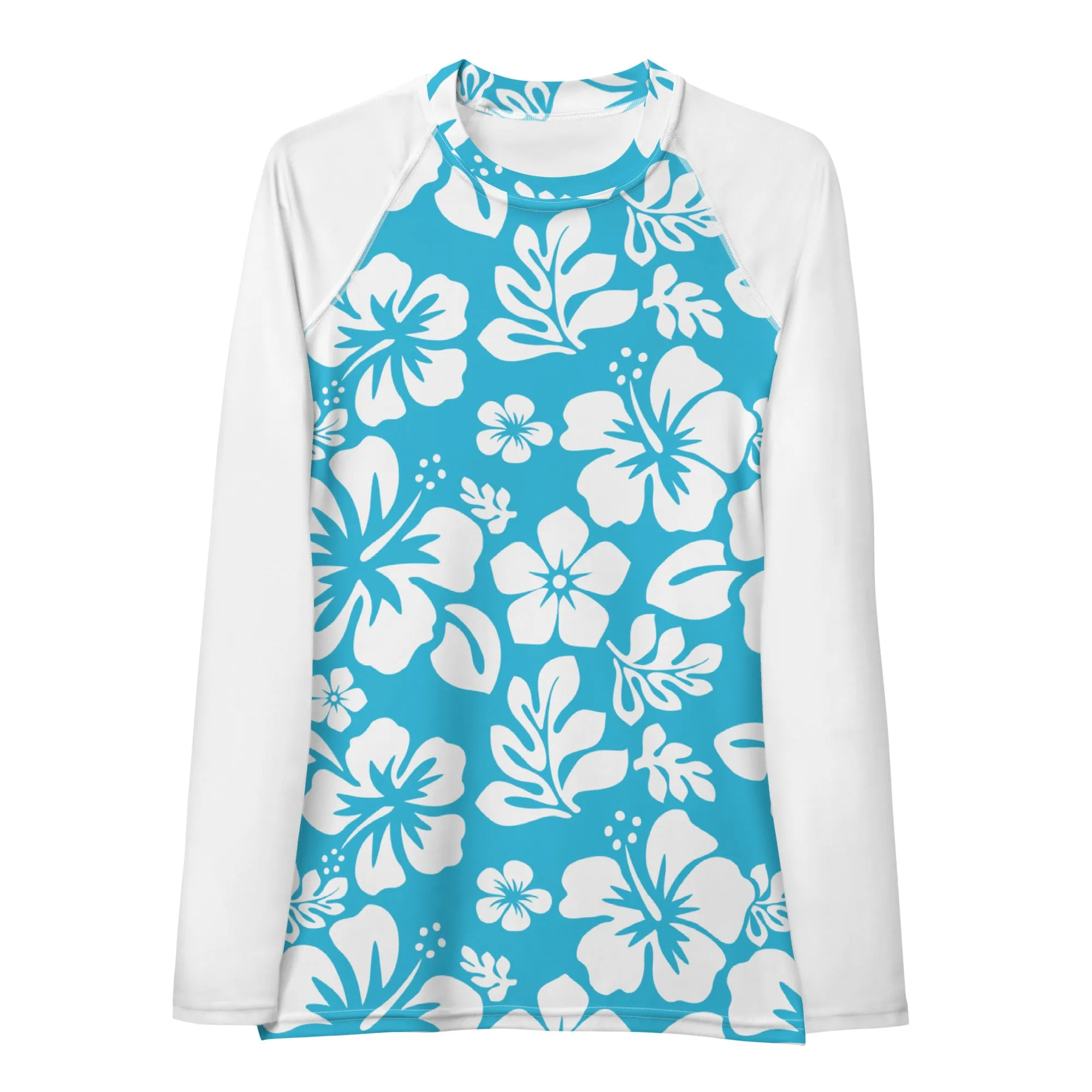 Aqua Blue and White Hawaiian Print Women's Rash Guard with White Sleeves