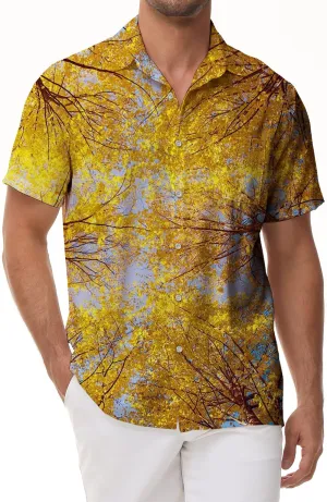Autumn Yellow Maple Leaf 3D Hawaiian Tropical Short Sleeve Shirt with Pocket Digital Print Button Casual Shirt Four Seasons Printed Short Sleeve