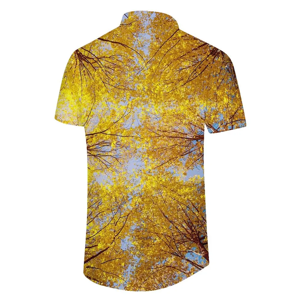 Autumn Yellow Maple Leaf 3D Hawaiian Tropical Short Sleeve Shirt with Pocket Digital Print Button Casual Shirt Four Seasons Printed Short Sleeve