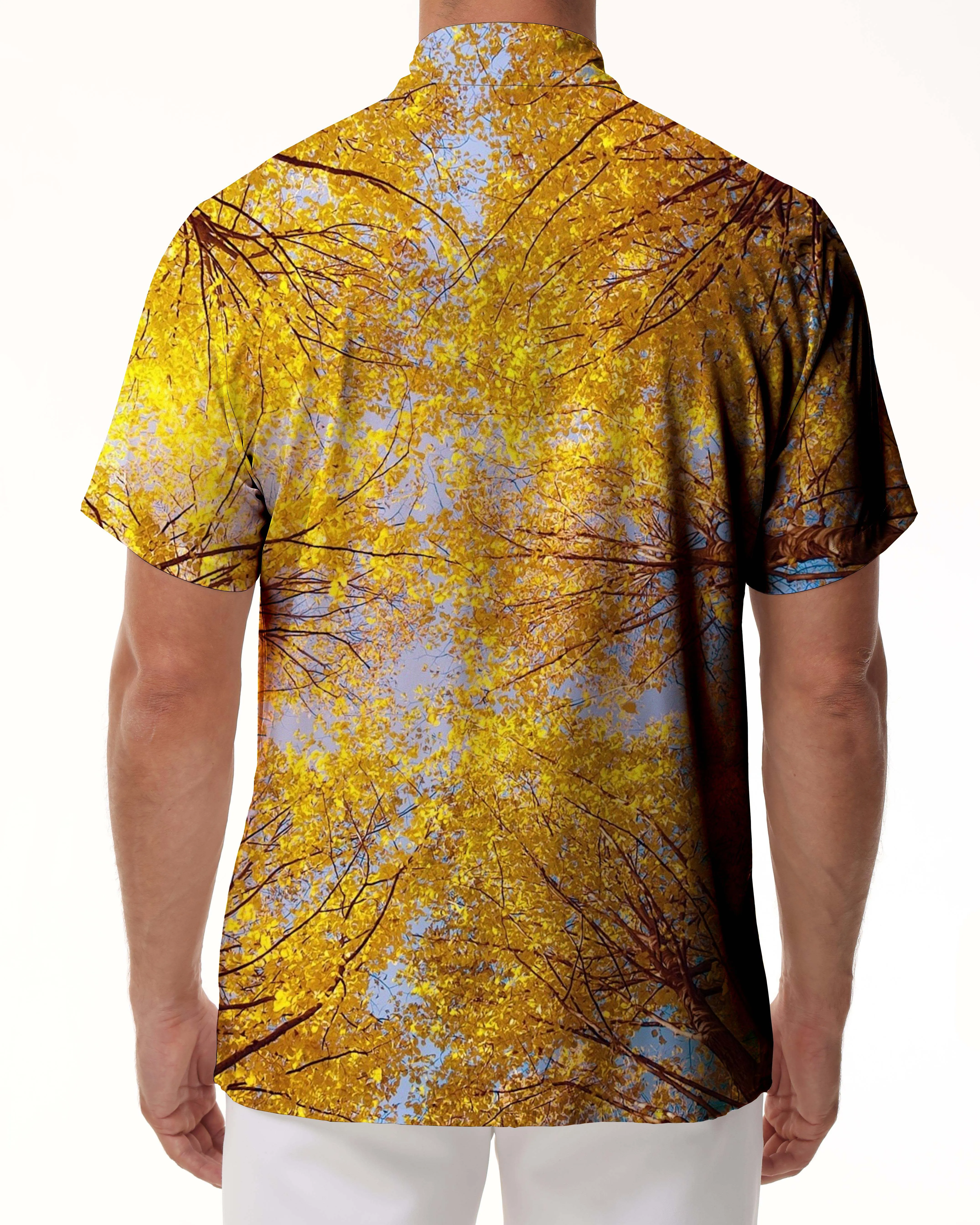 Autumn Yellow Maple Leaf 3D Hawaiian Tropical Short Sleeve Shirt with Pocket Digital Print Button Casual Shirt Four Seasons Printed Short Sleeve