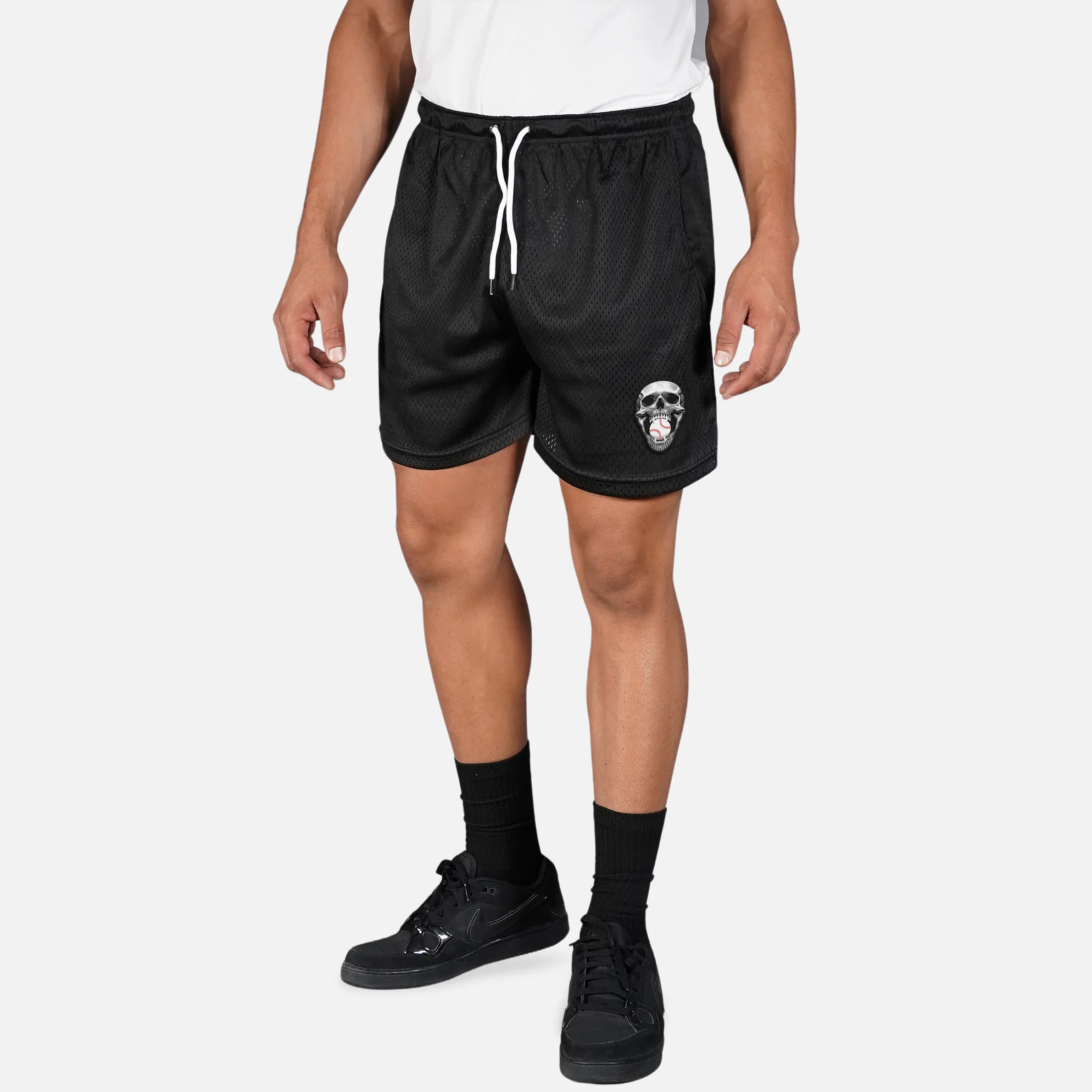 Baseball Skull Patch Black Shorts - 7"