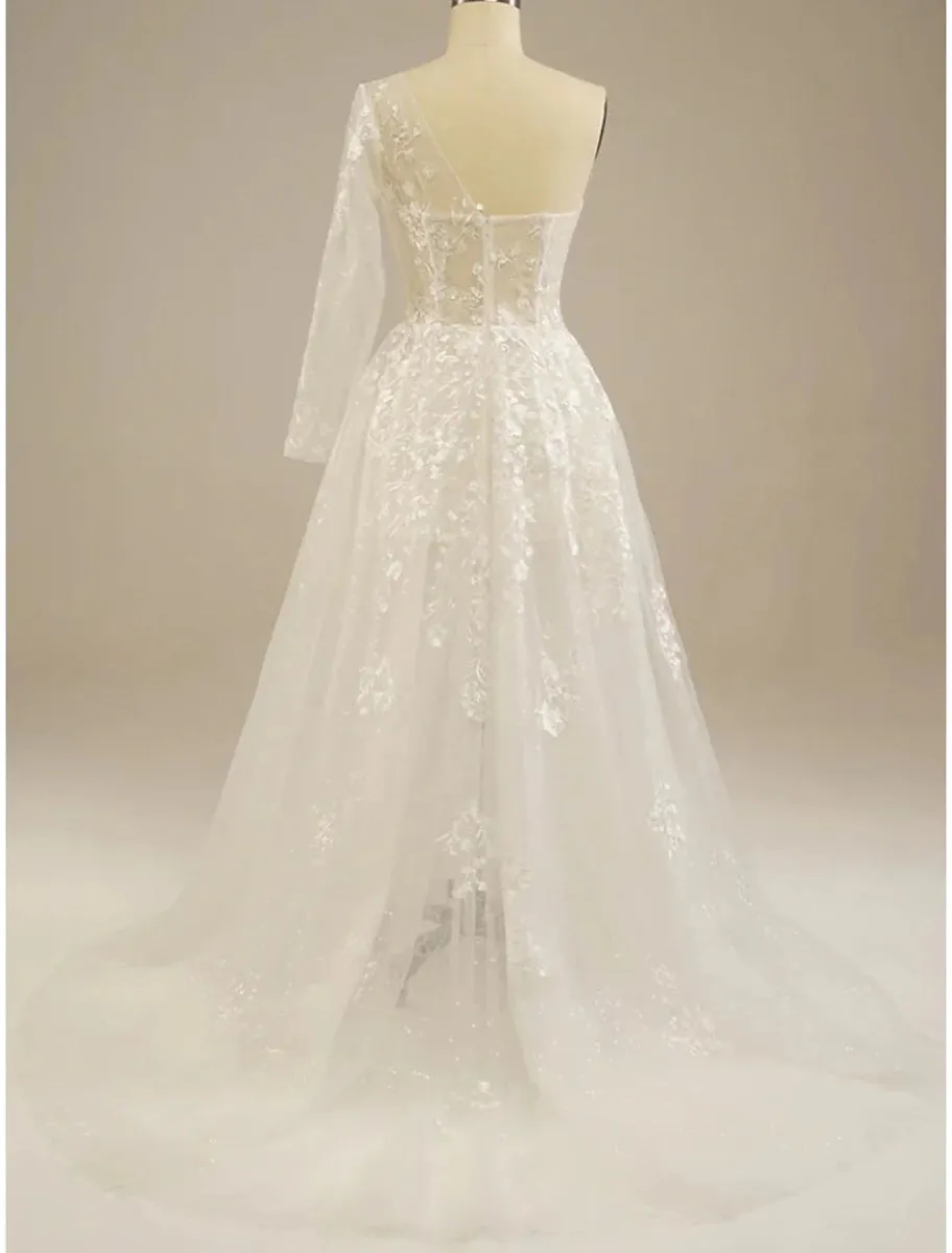 Beach Sexy Boho Wedding Dresses A-Line One Shoulder Long Sleeve Sweep / Brush Train Lace Bridal Gowns With Split Front