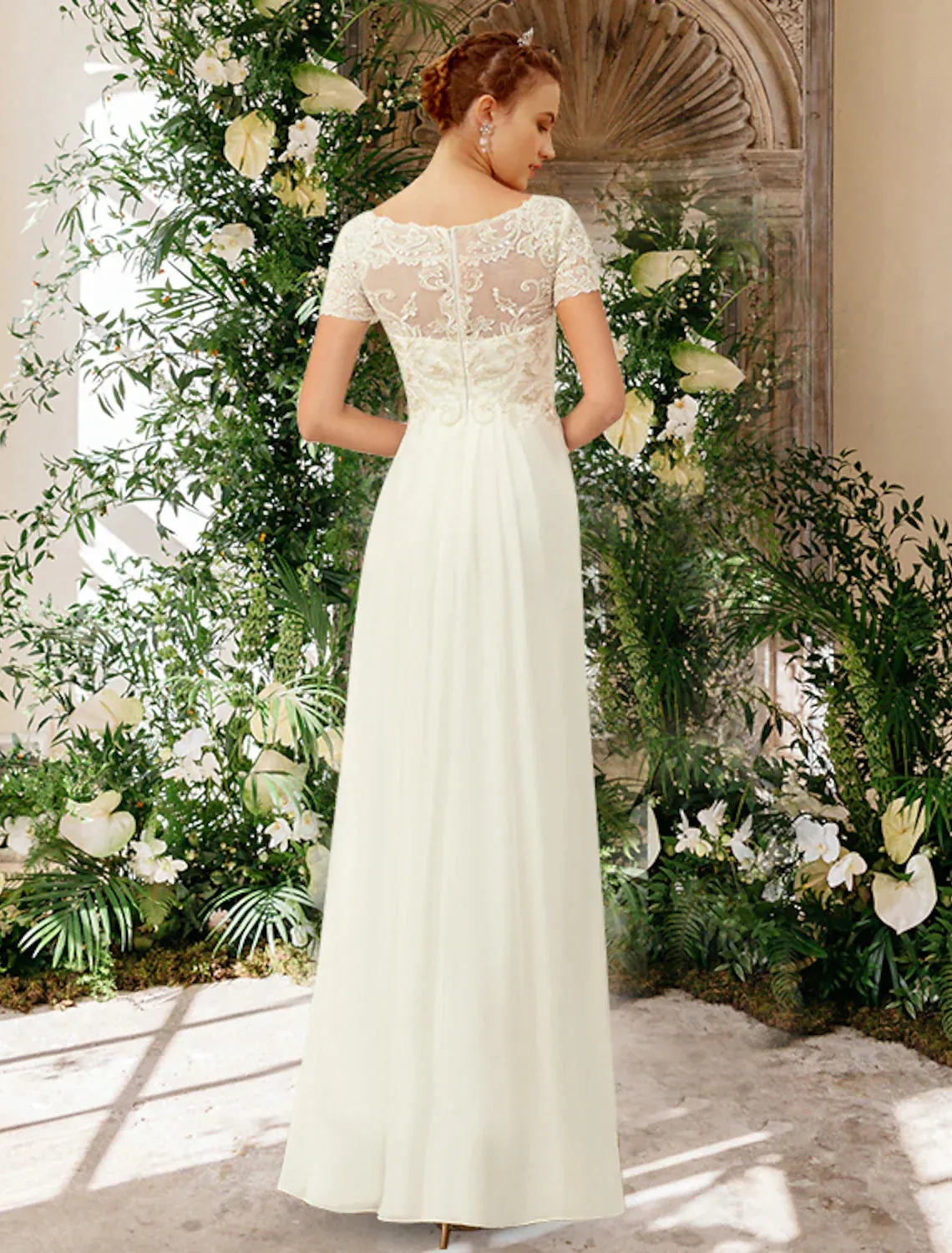 Beach Wedding Dresses A-Line V Neck Short Sleeve Floor Length Chiffon Bridal Gowns With Pleats Appliques Summer Wedding Party Women's Clothing
