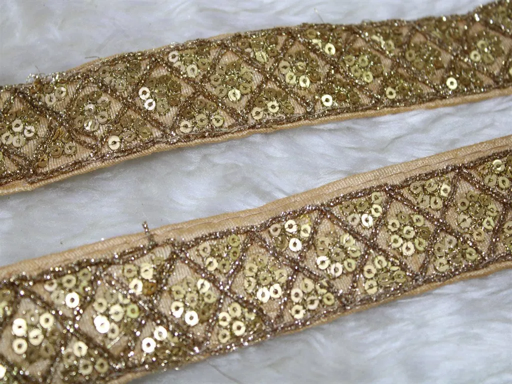 Beige Fancy Sequins Trim Embroidered Lace Border