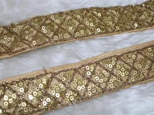Beige Fancy Sequins Trim Embroidered Lace Border