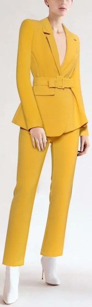 Belted Asymmetric Blazer and Pant Suit, Yellow