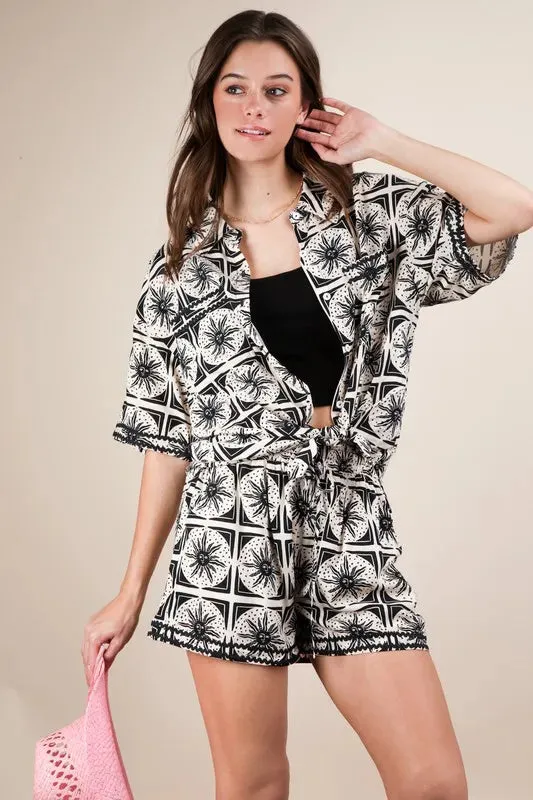 Black and White Tropical Printed Button-Up Shirt and Shorts Set