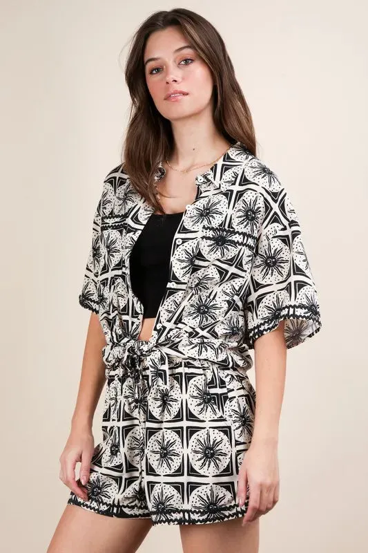 Black and White Tropical Printed Button-Up Shirt and Shorts Set
