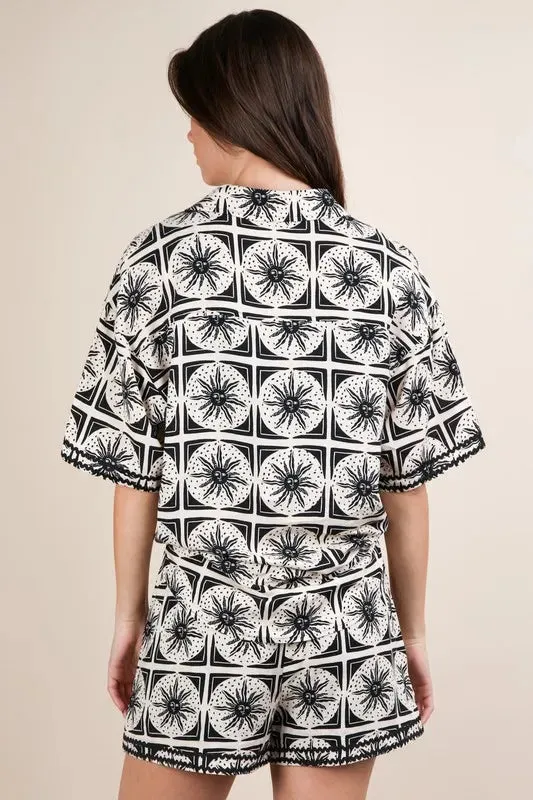 Black and White Tropical Printed Button-Up Shirt and Shorts Set