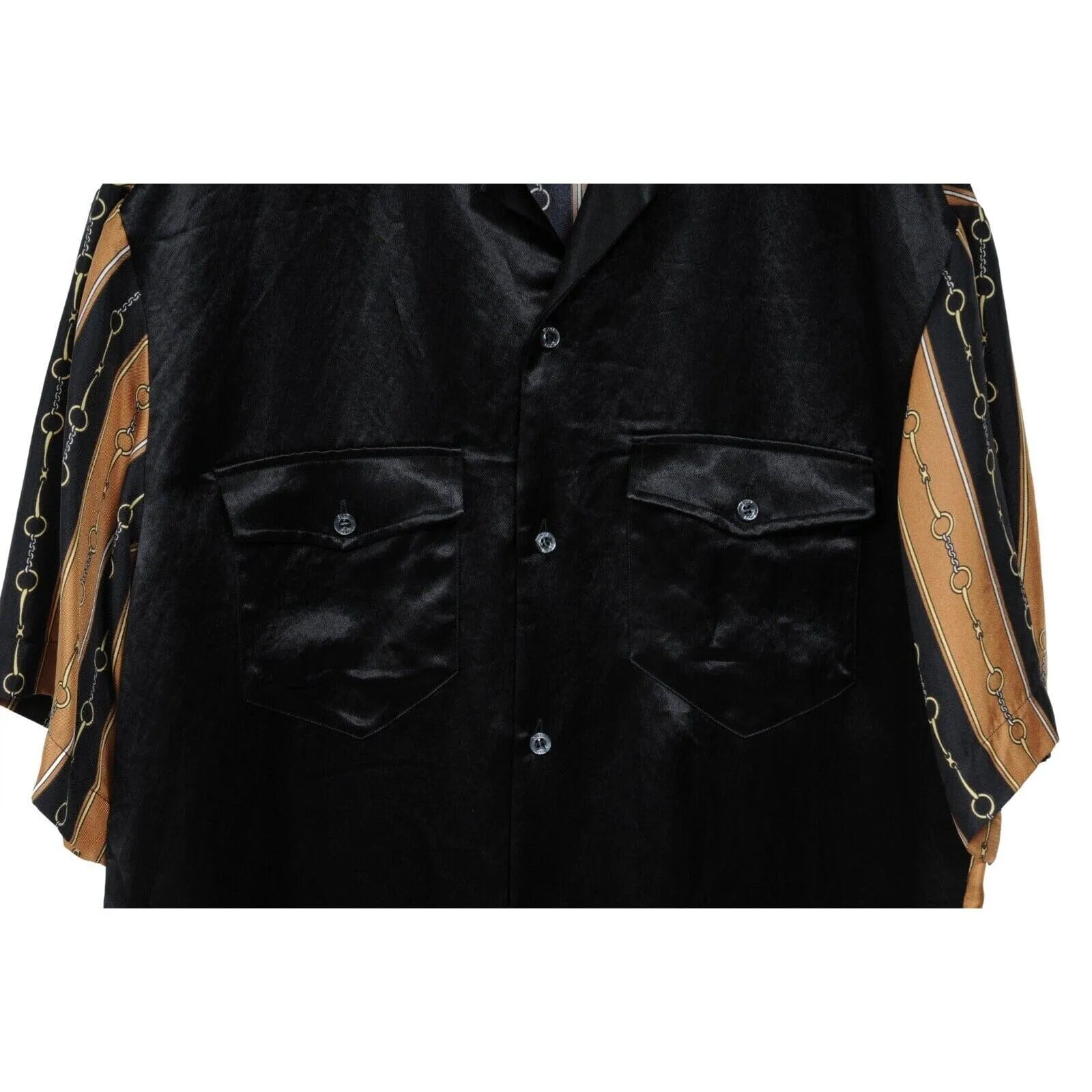 Black Gold Silk Acetate Horsebit Print Button Down Bowling Shirt
