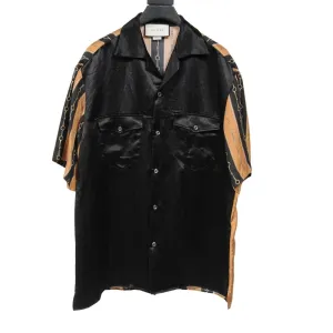 Black Gold Silk Acetate Horsebit Print Button Down Bowling Shirt