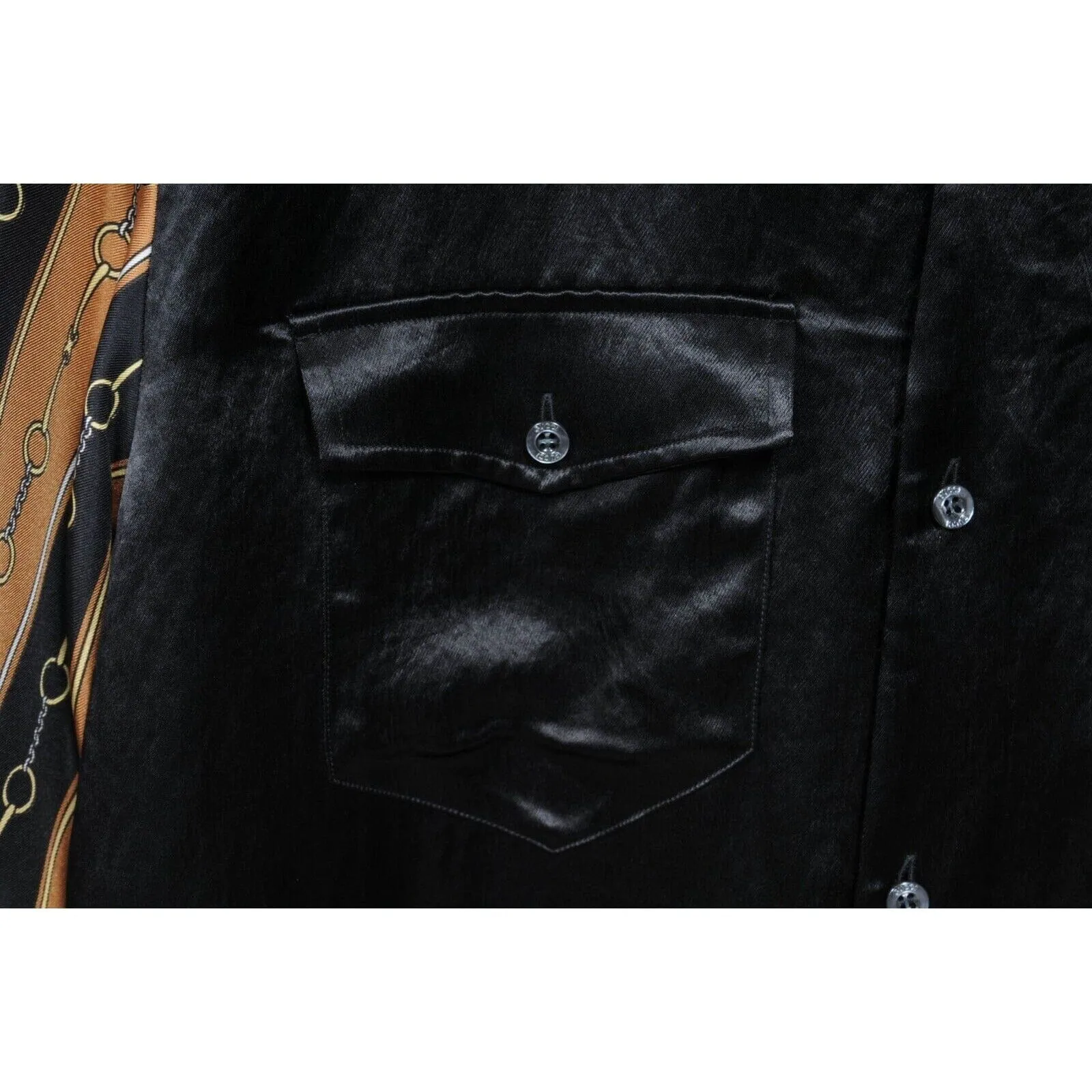 Black Gold Silk Acetate Horsebit Print Button Down Bowling Shirt