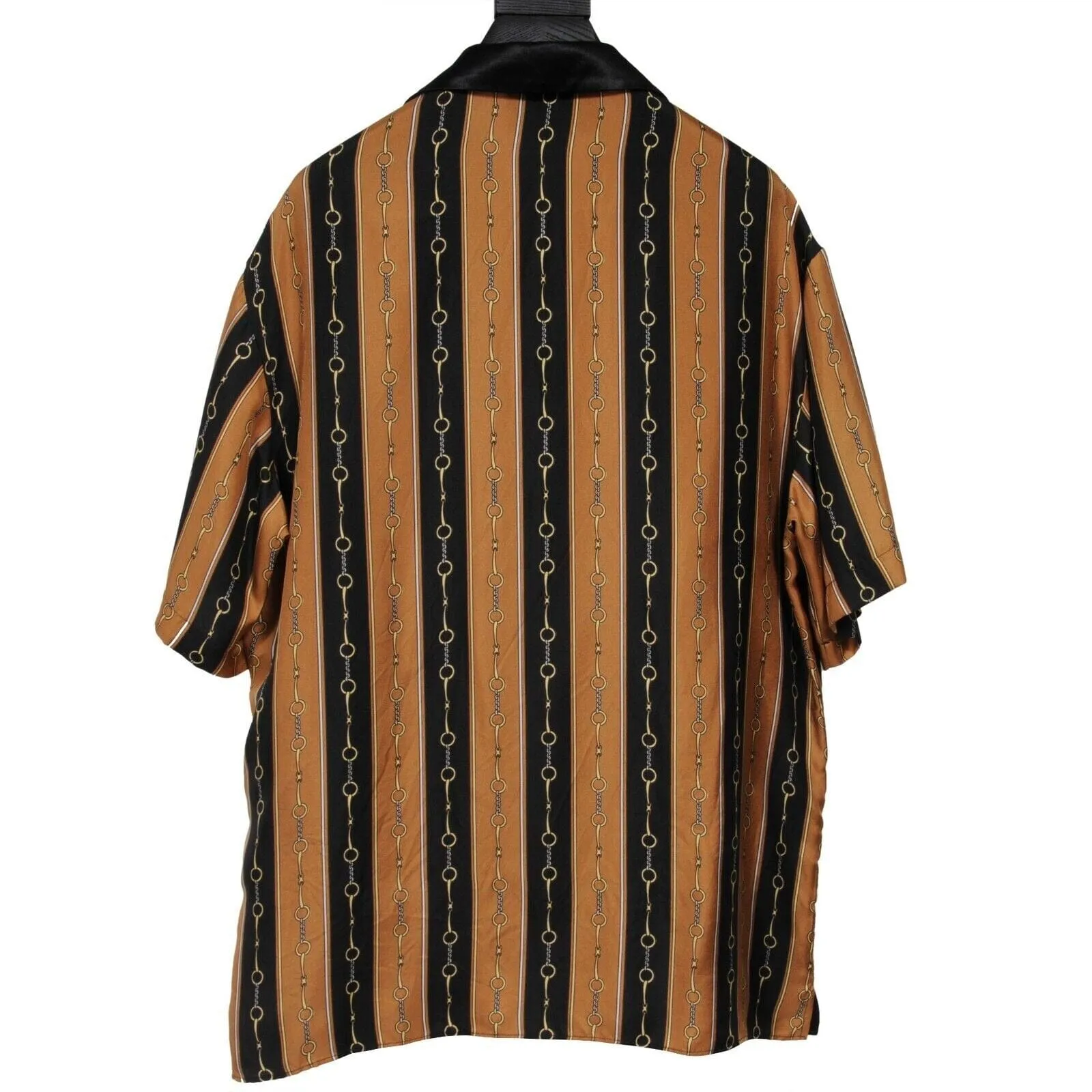 Black Gold Silk Acetate Horsebit Print Button Down Bowling Shirt