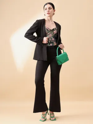 Black Polyester Lapel Less Stretch Pant Suit