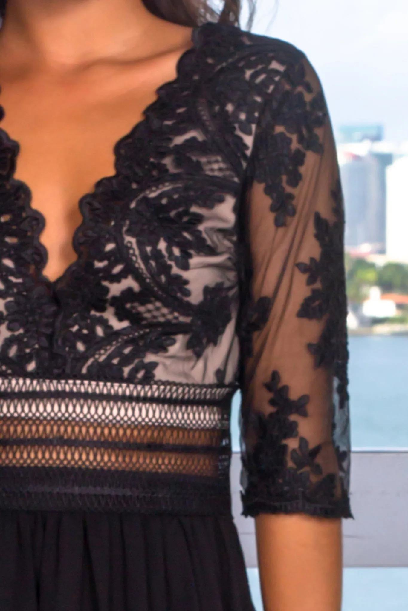Black V-Neck Maxi Dress with Mesh Embroidered Sleeves
