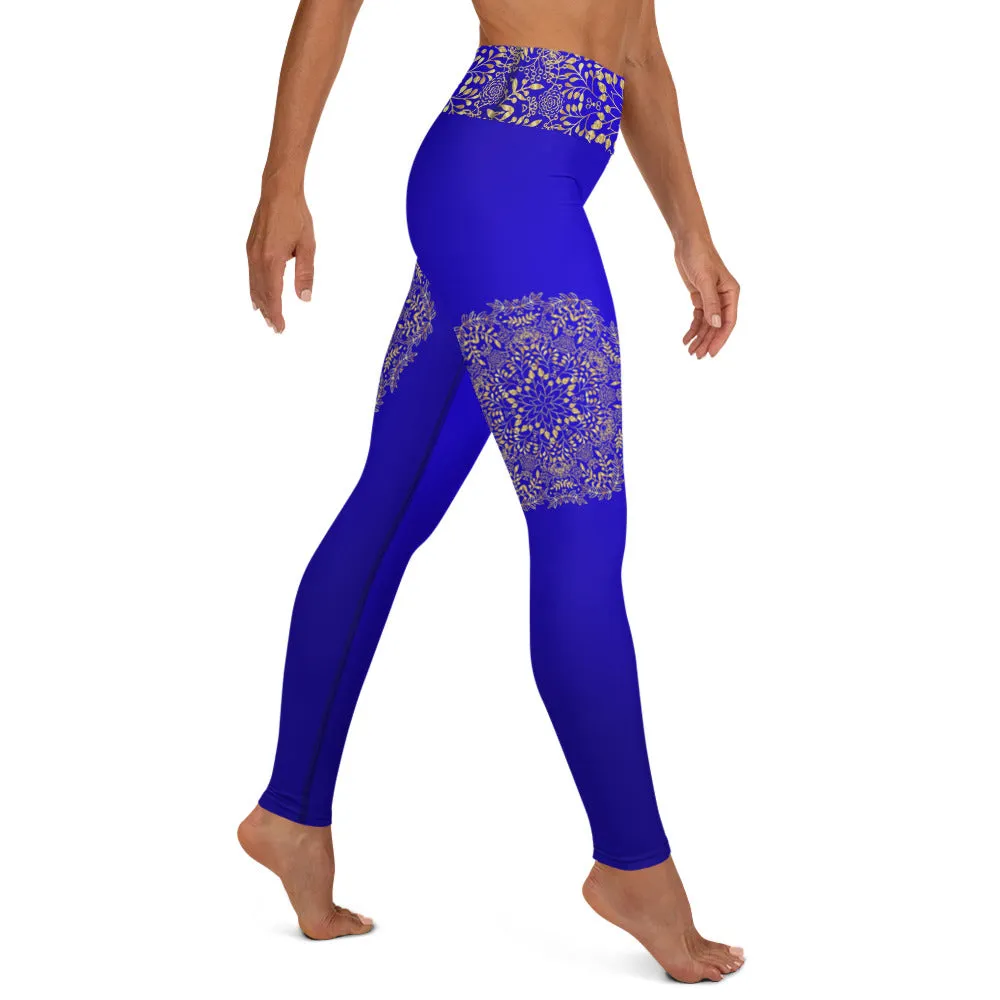 Blue & Gold Mandala High Waist Womens Yoga Leggings