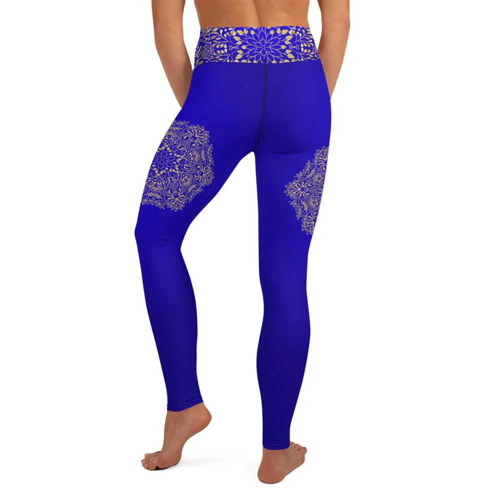Blue & Gold Mandala High Waist Womens Yoga Leggings