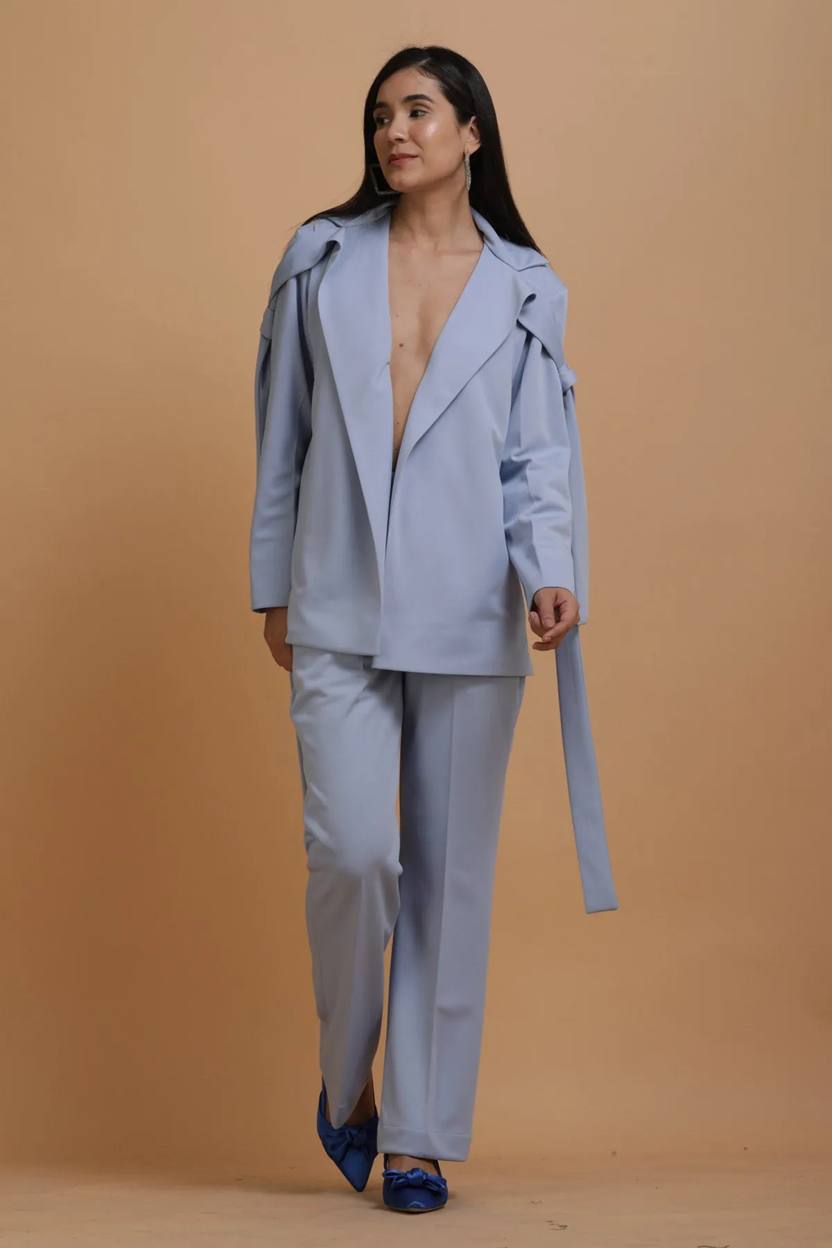 Blue Crepe Blazer Co-ord Set