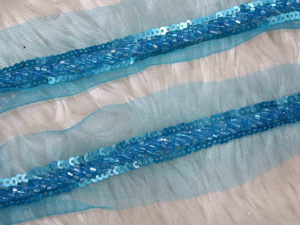 Blue Handwork Sequins and Cutdana Beads Work Embroidered Border