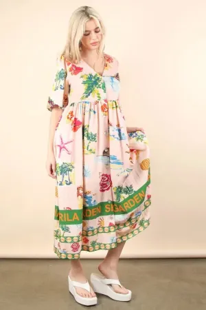Blush Pink Tropical Print Button-Down Midi Dress