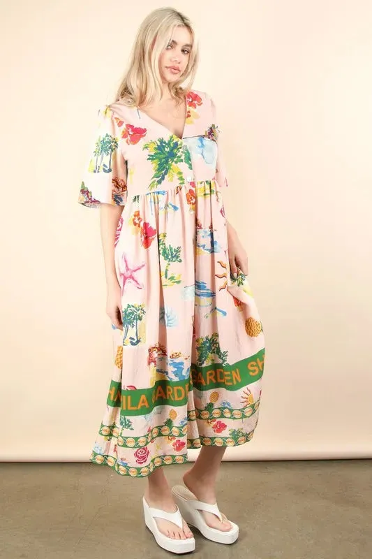 Blush Pink Tropical Print Button-Down Midi Dress