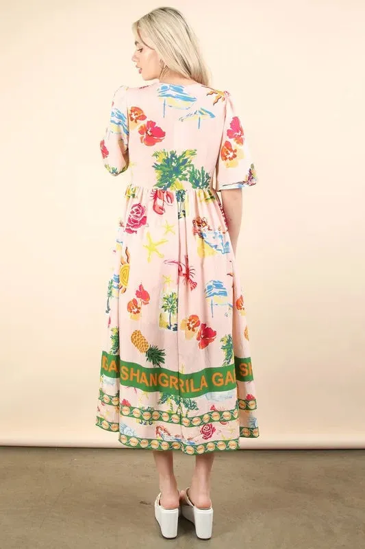 Blush Pink Tropical Print Button-Down Midi Dress