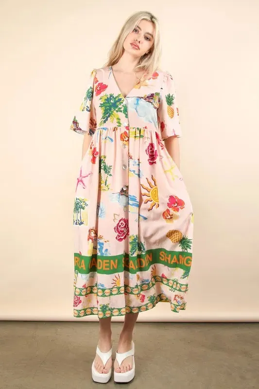 Blush Pink Tropical Print Button-Down Midi Dress