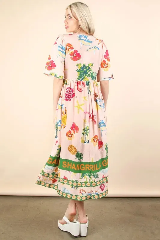 Blush Pink Tropical Print Button-Down Midi Dress
