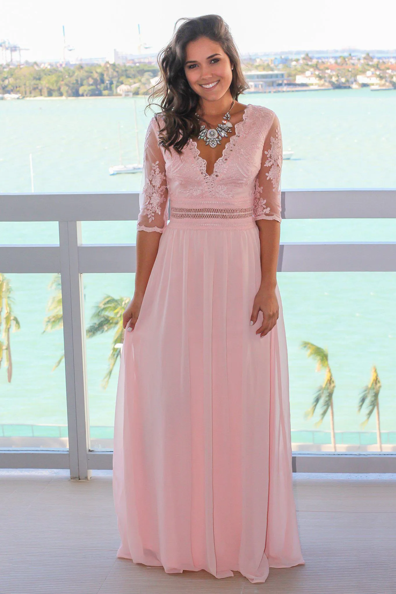 Blush V-Neck Maxi Dress with Mesh Embroidered Sleeves